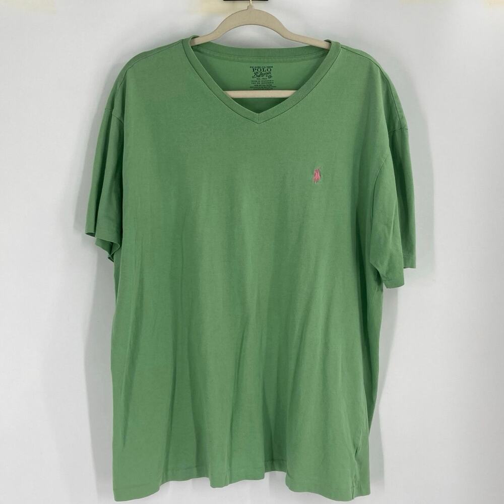 Ralph Lauren Polo Green Pink Embroidered Pony Cotton V Neck Tee Men’s Large